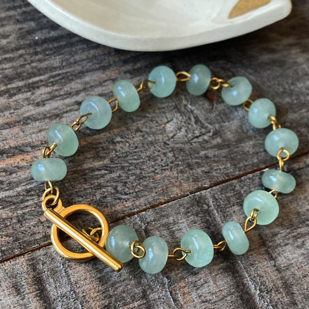 NEW Aquamarine Beaded Gold Toggle Bracelet